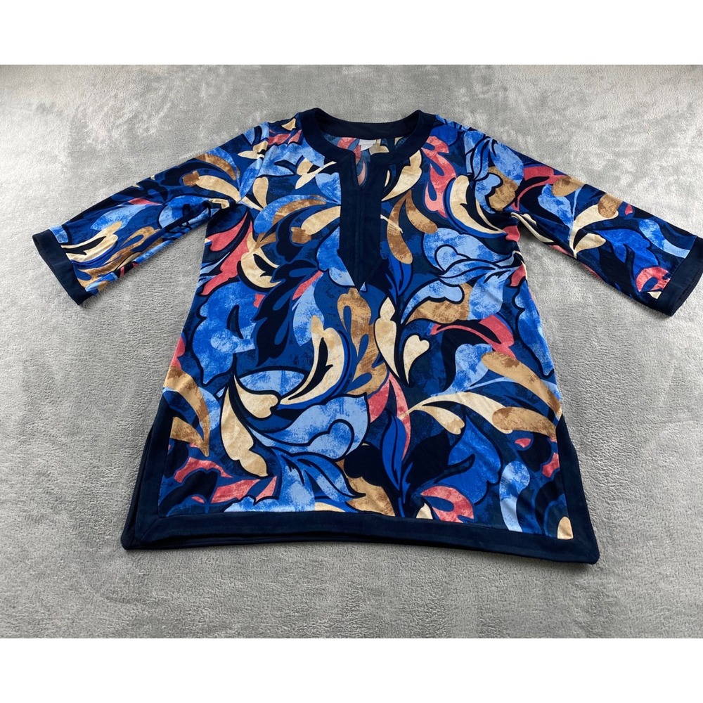 Chicos Travelers Blue Abstract Floral Tunic Top Split V-Neck 3/4 Sleeve Sz 3 XL